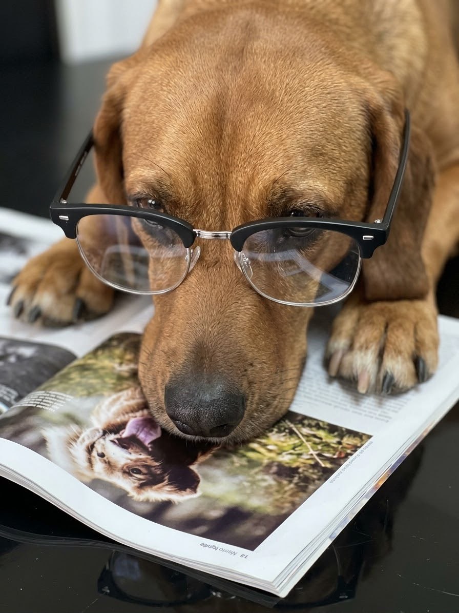Chiot portant des lunettes, le museau posé sur un magazine ouvert